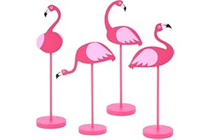 AIMFUN 4Pcs Flamingo Wood Tall Standing Block Set Christmas Pink Flamingo Table Sign Tropical Bird Table Centerpieces Toppers for Home Office Desk Tier Tray Decor Party Supplies