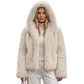 Wyeysyt Women's Faux Fur Coat with Hood Open Front Fluffy Short Coats Winter Warm Thick Cropped Hooded Shaggy Jacket