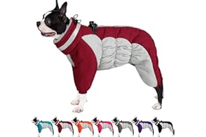 AOFITEE Fullbody Dog Coat Warm Fleece Dog Jacket, Windproof Dogs Winter Coat with Harness Built in, Reflective Turtleneck Dogs Snowsuit Puffer Jacket, Four Legged Pet Snow Suit, Christmas Red M