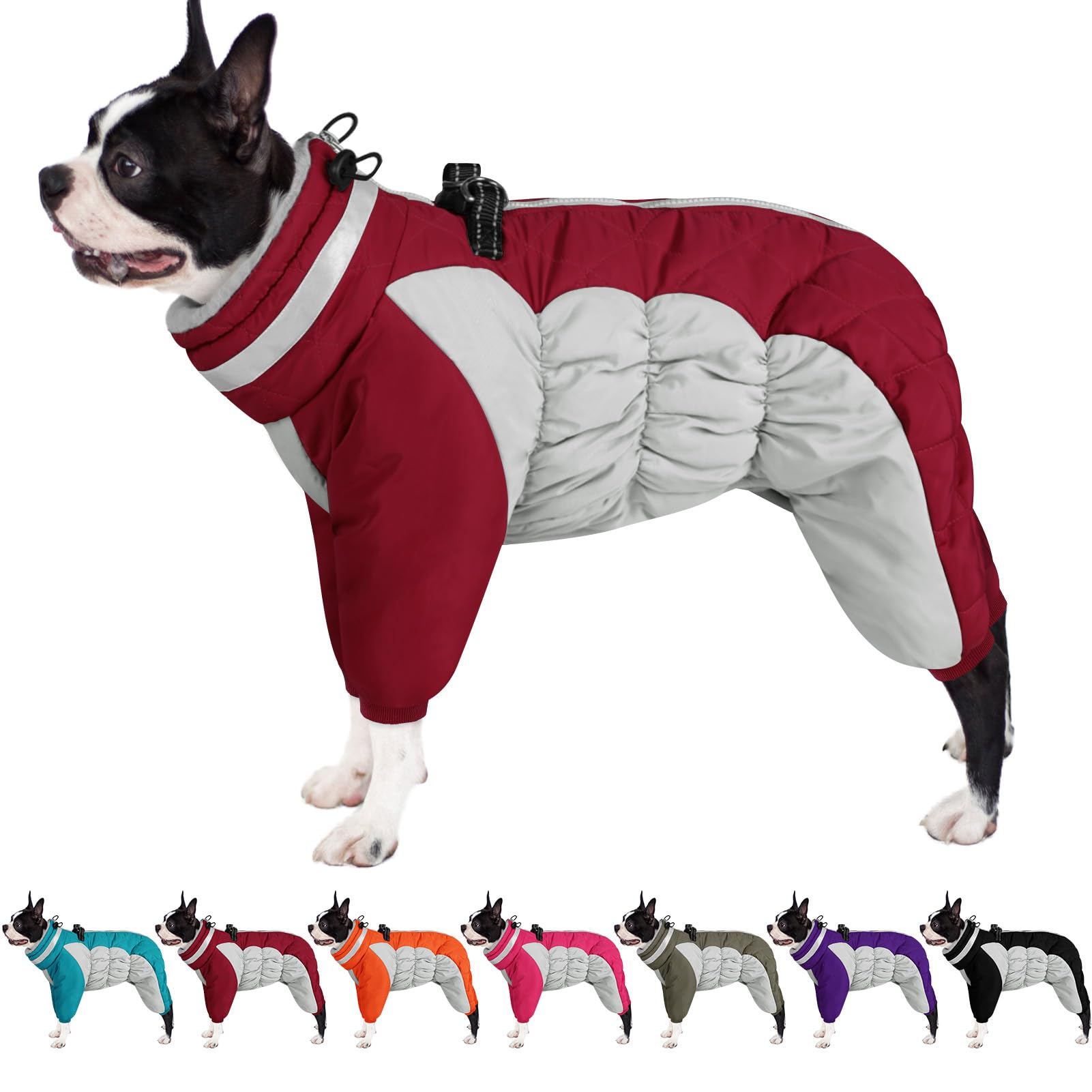 Photo 1 of AOFITEE Fullbody Dog Coat Warm Fleece Dog Jacket, Windproof Dogs Winter Coat with Harness Built in, Reflective Turtleneck Dogs Snowsuit Puffer Jacket, Four Legged Pet Snow Suit, Christmas Red M