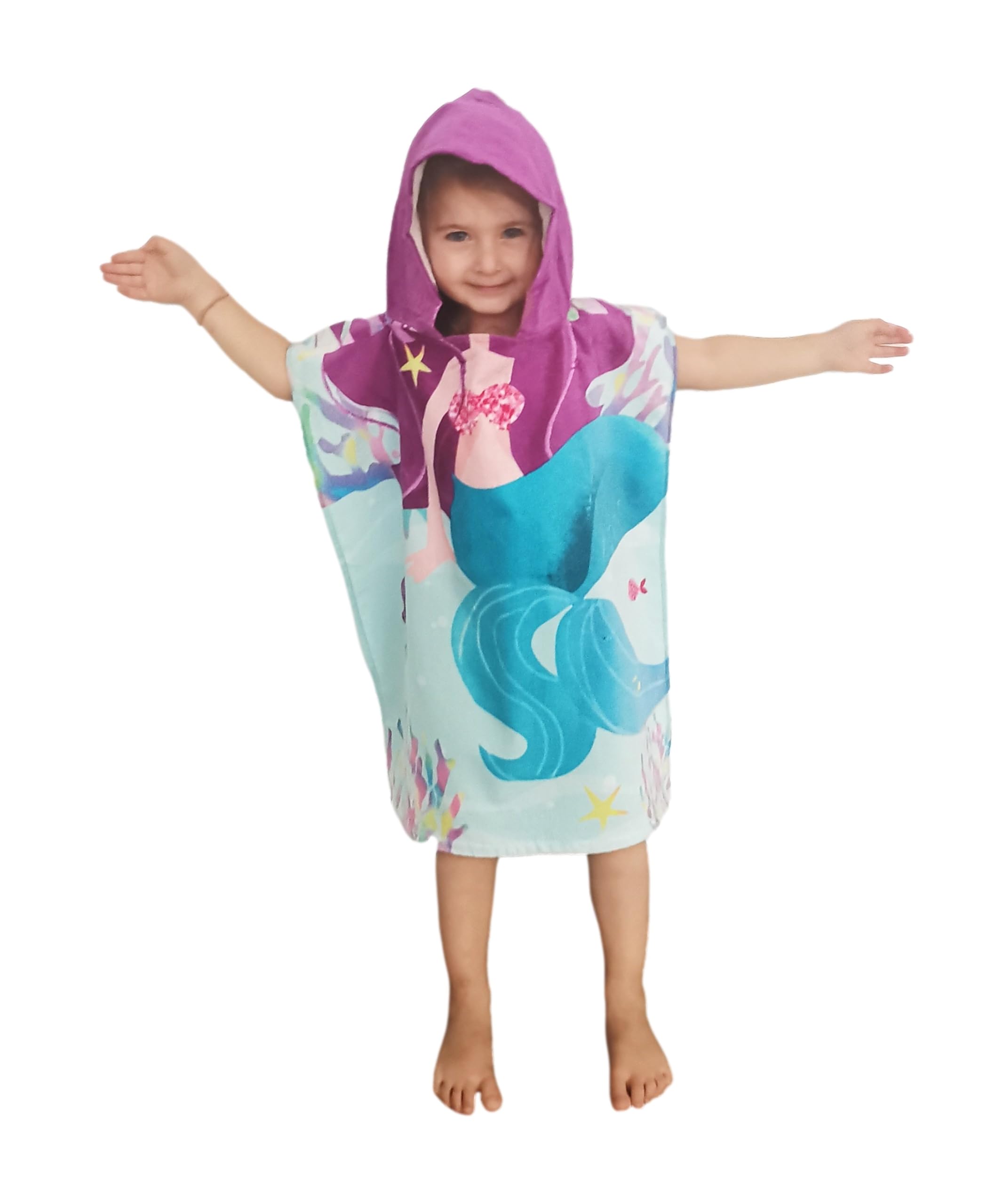 Children's Poncho, Bath Poncho, Hooded Towel, Bath Towel for Kids, Bath Towel with Hood for Boys and Girls, 100% Cotton (Mermaid)