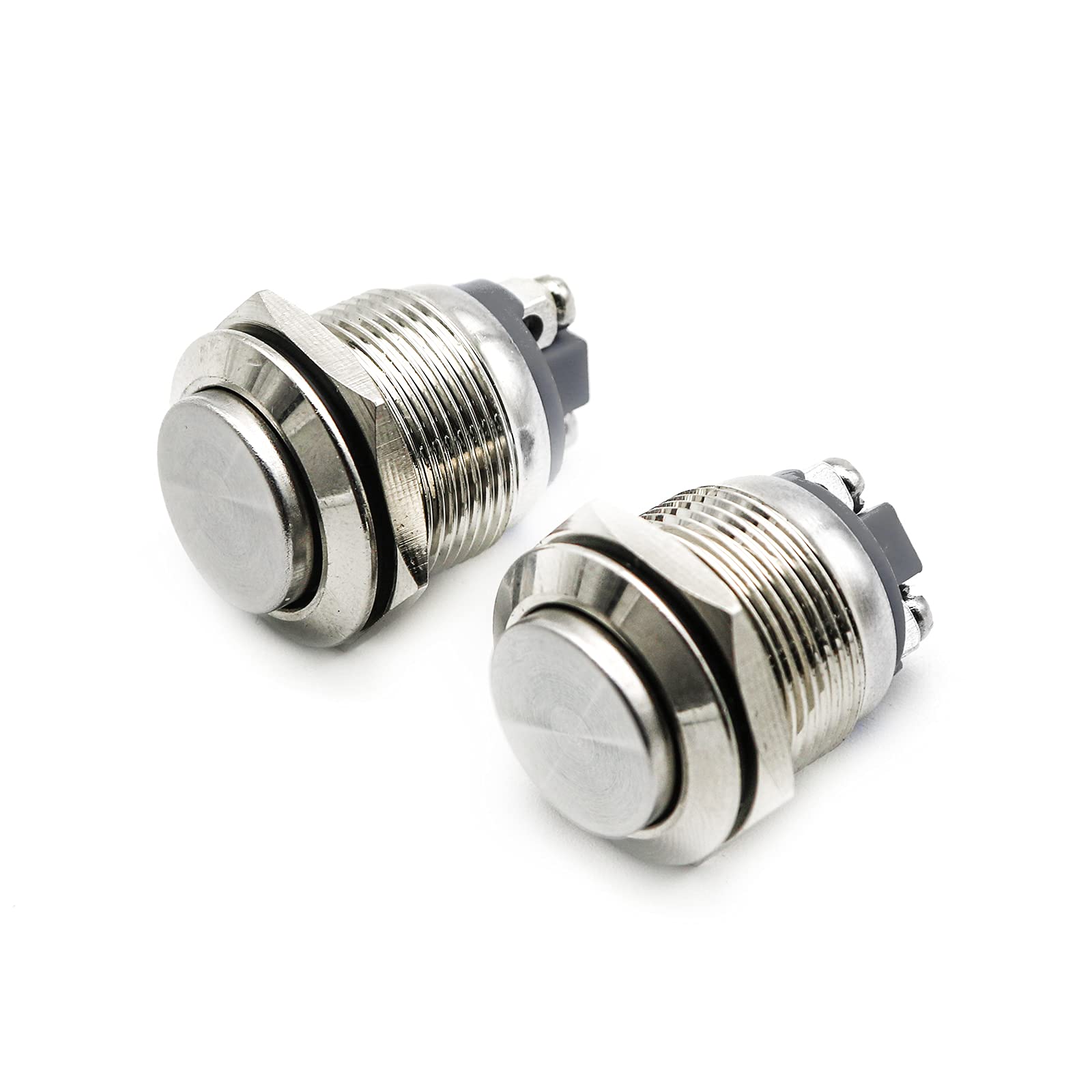 Photo 1 of (Pack of 2) 19mm High Round Cap Waterproof Momentary Stainless Steel Metal Push Button Switch High Flush Screw Terminals 250V 5A 1NO SPST for Auto Car Horn Engine Start Doorbell Power Switch