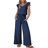 Dokotoo Jumpsuits for Women 2026 Summer Ruffle Sleeves Square Neck Rompers Drawstring Overalls with Pockets