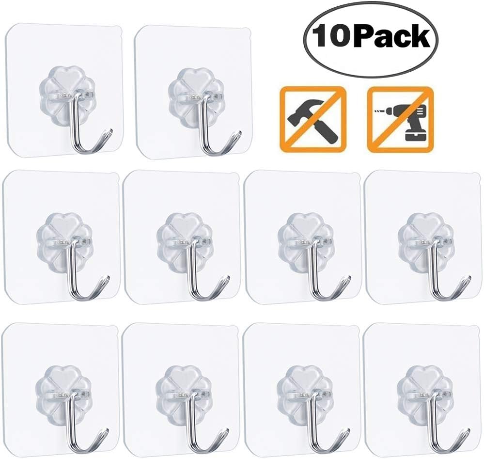 Adhesive Hooks, Wall Hooks Heavy Duty 15 Pounds (Max) Clear Hook Wall Hanger 180 Degree Rotating Without Nails, Reusable Waterproof and Oilproof for Mops, Kitchen Utensils, Robes, Coats, Towels, Hats