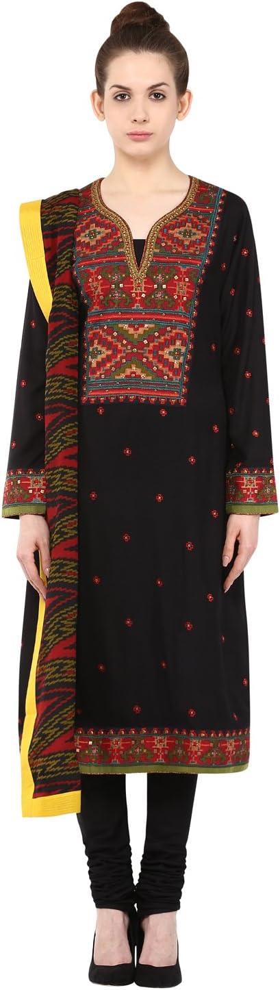 Black Embroidered Suit Ensemble With Tribal Afghan Prints By Ritu Kumar