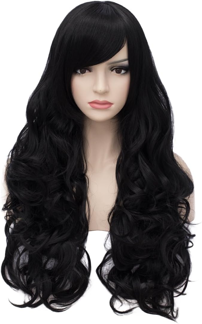 Aosler Women's Black Long Wig,32 Inches Curly Wavy Synthetic Hair Wigs - Heat Friendly Cosplay Party Costume Wigs for Halloween