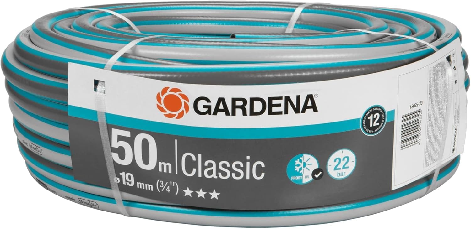 Gardena Classic Hose 19 mm (3/4 inch), 50 m: Universal Garden Hose Made of Sturdy Cross Fabric, 22 bar Bursting Print, UV-Resistant, Without System Parts, Packed (18025-20)