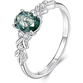Kerraom Moss Agate Rings for Women, 925 Sterling Silver Leaf Vine Design Nature Green Moss Agate Engagement Promise Ring, Oval Shaped Natural Stone Rings Jewelry