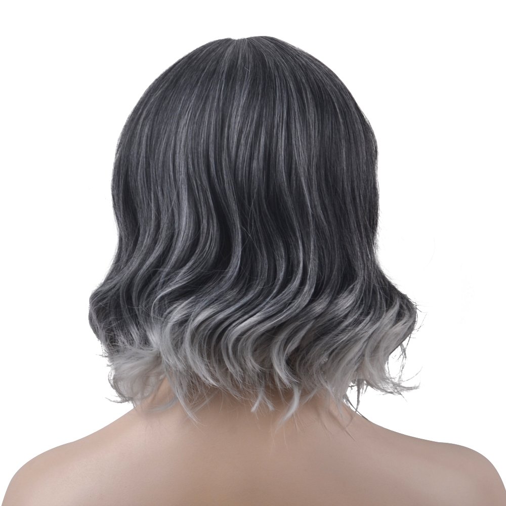 eNilecor Short Curly Women Synthetic Wigs with Bangs (Black/Grey)