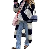 Antinson Womens Color Block Striped Cardigan Sweaters Loose Knitted Long Open Front Cardigans