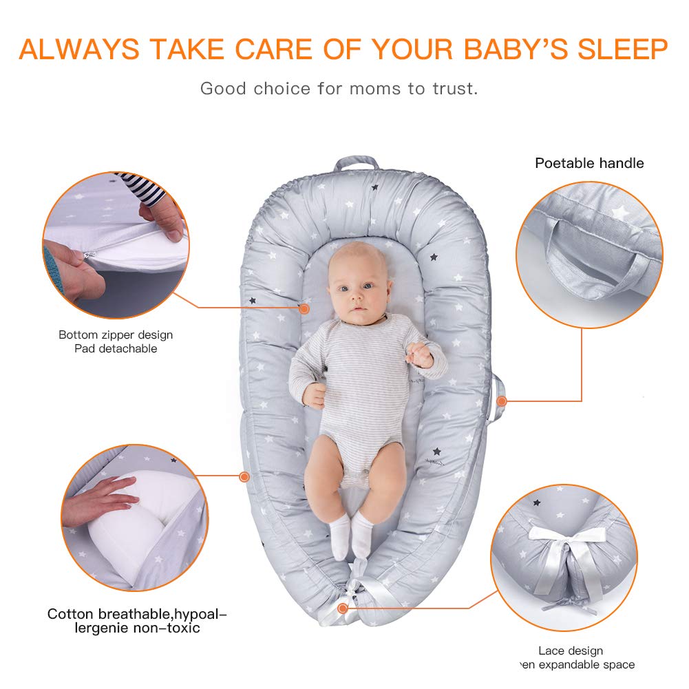 Baby Lounger & Baby Nest Co Sleeper for Newborn Portable Bassinet Bed Soft Organic Cotton Easy to Clean Babies Crib Large Size(0~12months) (Grey Star) : Baby
