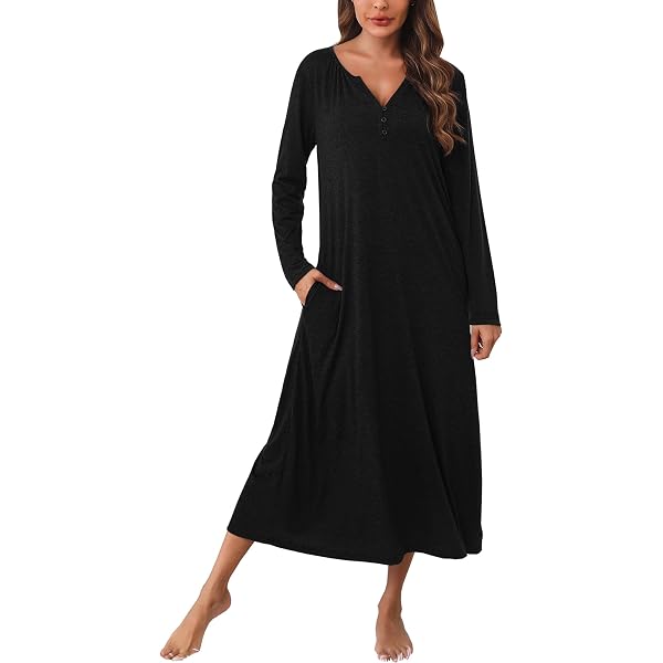 Chemise De Nuit Femme Manches Longues En Coton - Col V, Poches, Confort Hiver, Tailles S-3XL