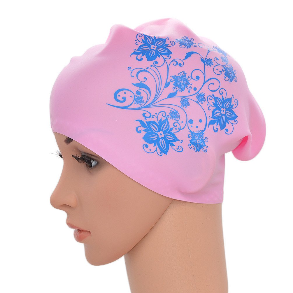 Medifier Women Ladies Elastic Silicone Water Pool Swimming Hat Cap Ear Wrap Hat for Long Hair Adults Flower Print (Pink)