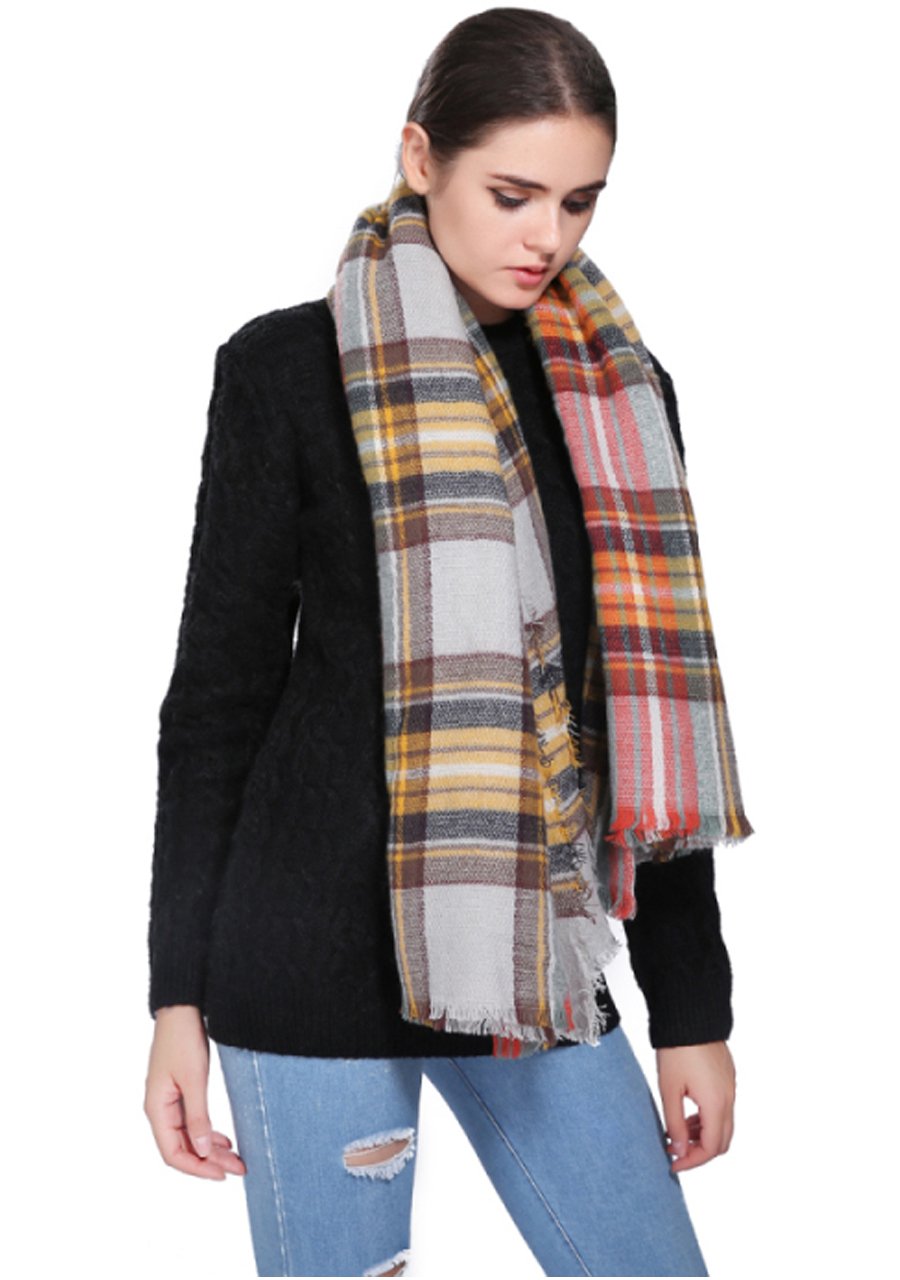 CHIC DIARY Women\'s Tassels Soft Plaid Tartan Scarf Pashmina Winter Large Blanket Wrap Shawl (#02-Yellow)