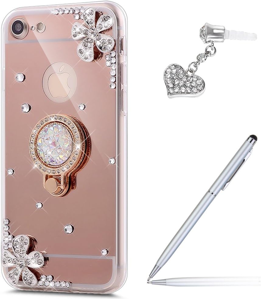 iPhone 6S Case,iPhone 6 Case,Inlaid diamond Flowers Slim Hybrid Rhinestone Diamond Glitter Bling Mirror Back TPU Case with Ring Stand Holder +Touch Pen Dust Plug for iPhone 6S/6 4.7