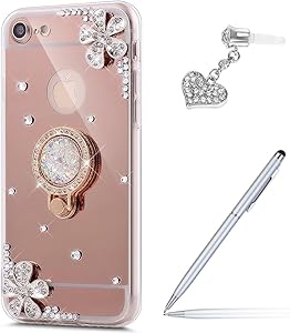 iPhone 6S Case,iPhone 6 Case,Inlaid diamond Flowers Slim Hybrid Rhinestone Diamond Glitter Bling Mirror Back TPU Case with Ring Stand Holder +Touch Pen Dust Plug for iPhone 6S/6 4.7