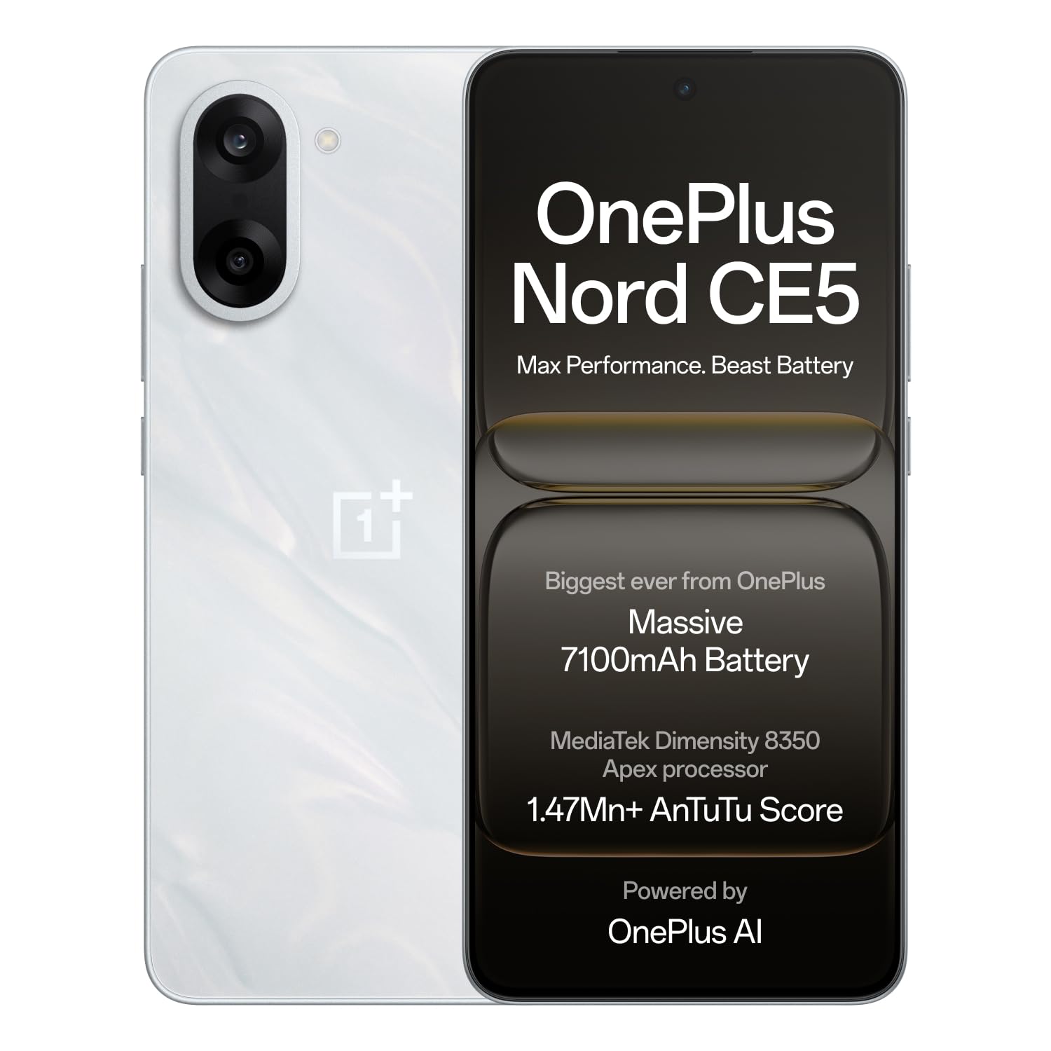 OnePlus Nord CE5 | MediaTek Dimensity | Massive 7100mAh Battery | Powered by OnePlus AI | 128GB 8GB | Marble Mist