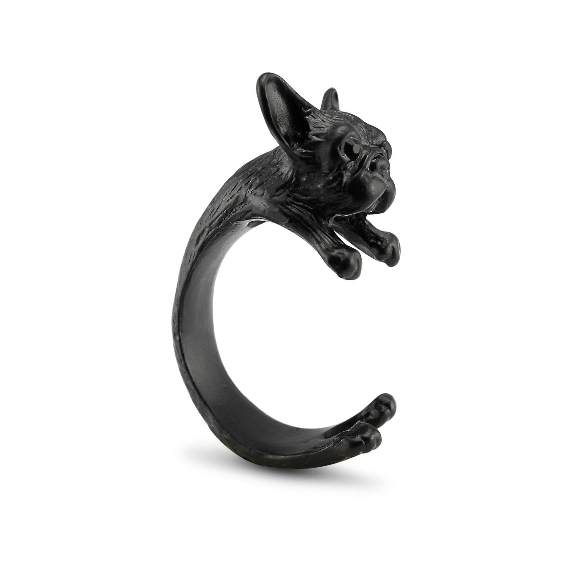 Serebra Jewelry French Bulldog Ring with Silver, Bronze, Black Tone Adjustable Size (Black)
