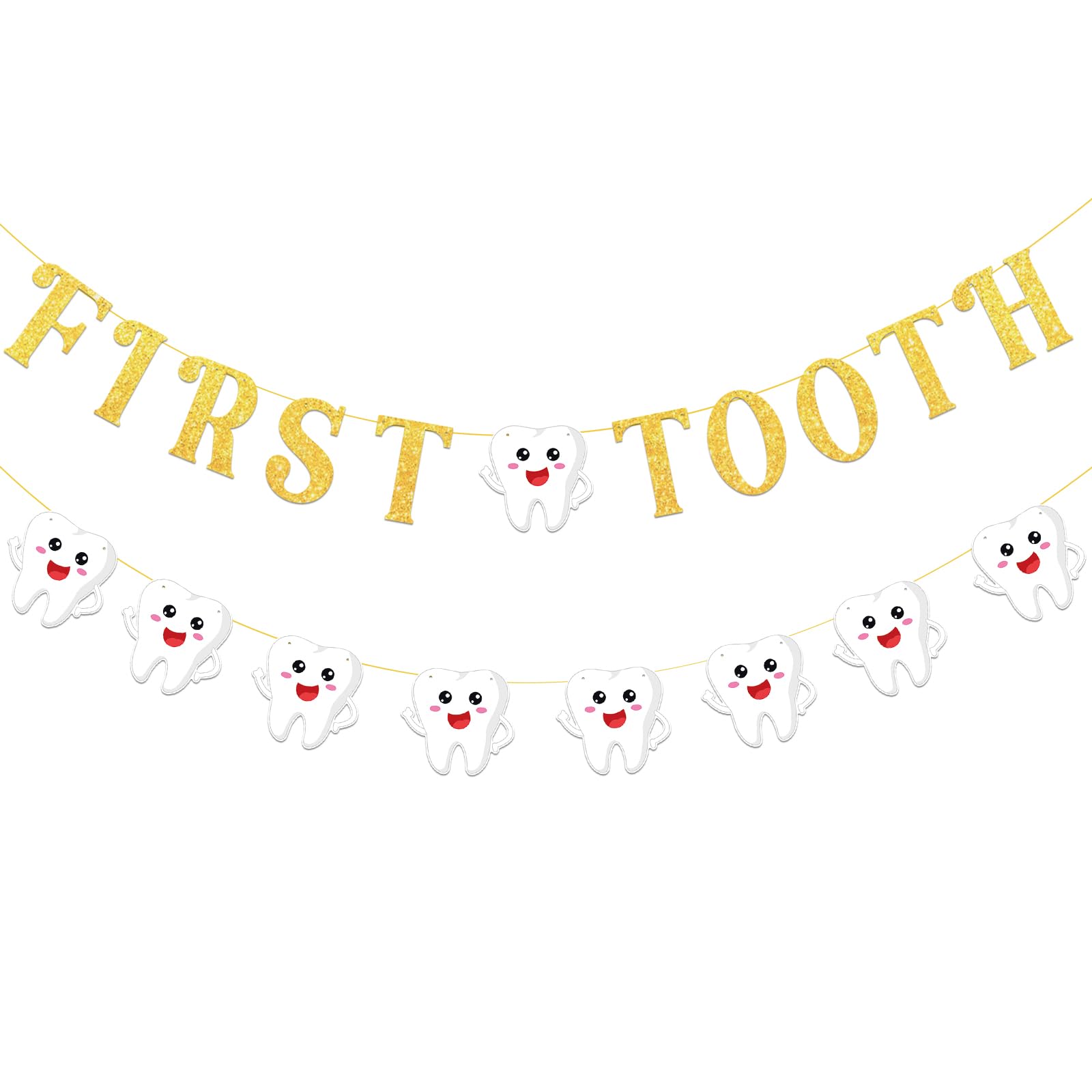 Photo 1 of Pre-Strung First Tooth Banner Decorations, Gold Glitter Letter Garland, Cute Tooth Shaped Hanging Milk Teeth Garland for Baby's First Tooth and Baby Shower Party Decor for Boys and Girls