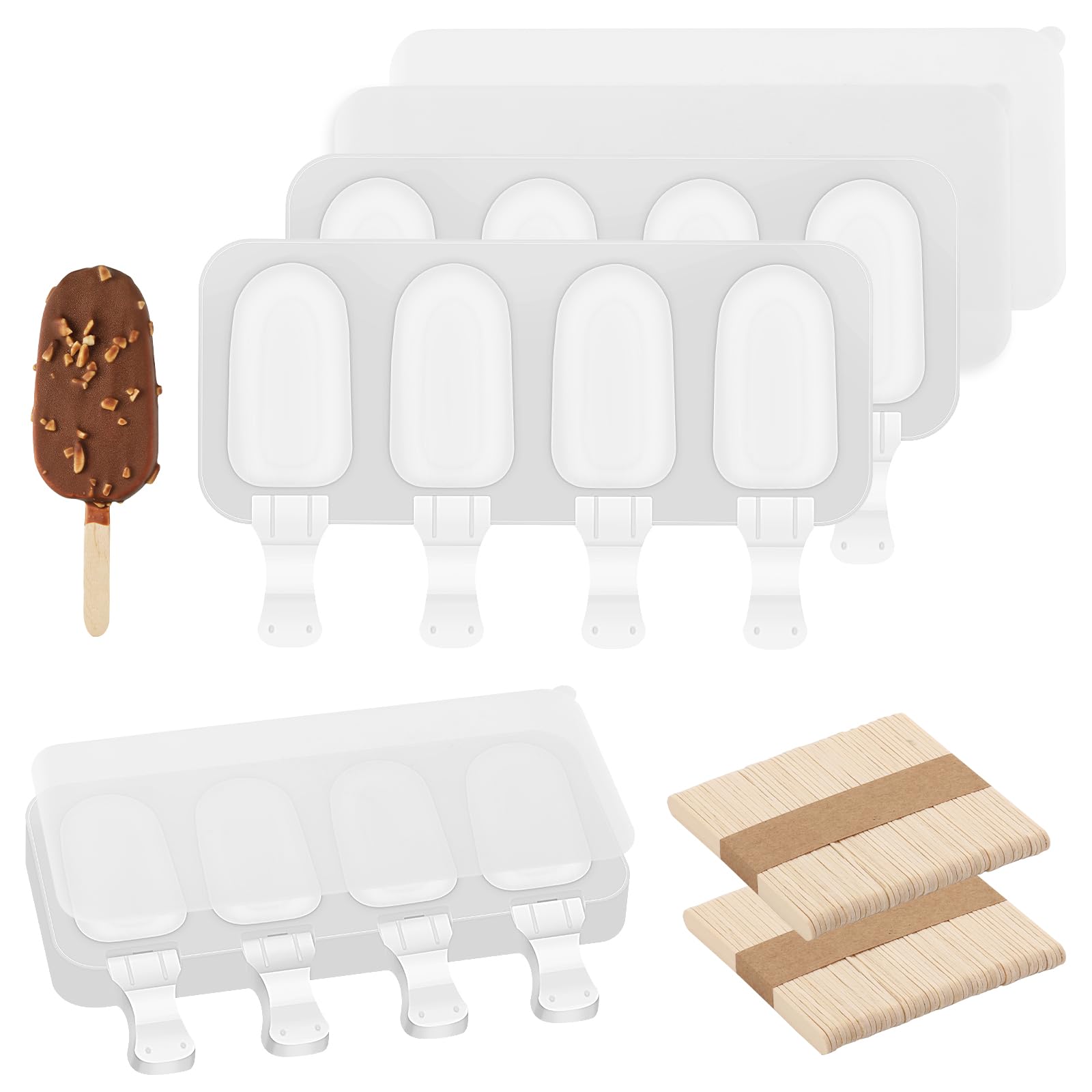 Photo 1 of 3 Set Samll Popsicles Molds with Lids and 100 Pieces Wooden Popsicles Sticks, 4 Cavities Silicone Ice Cream Molds for Making Cakesicles, Cake Pops, Ice Cream - BPA Free