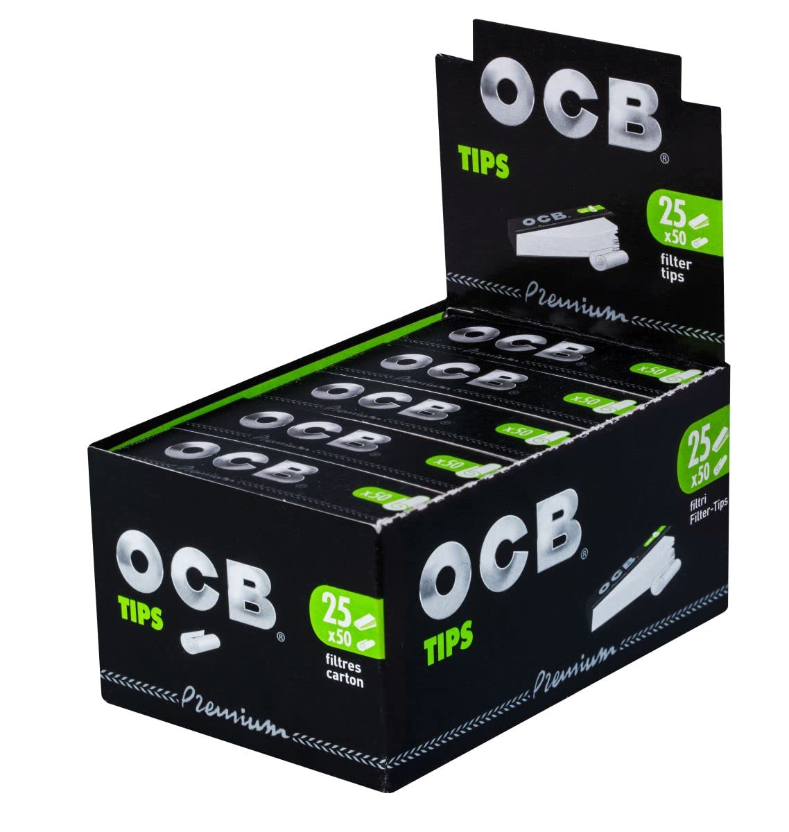 OCB Filter Tips Box 25 Booklets x 50 Sheets Black, tips