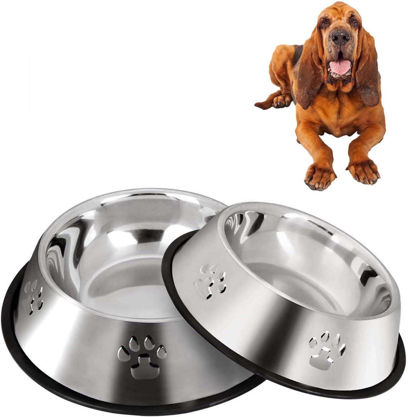 SUOXU Large Dog Feeder and Water Bowls, Stainless Steel, Non-slip Rubber Bases, Silver, 30 cm