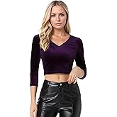 Allegra K Women's Velvet Tops 3/4 Sleeve V Neck Cropped Top Halloween Christmas Vintage Fall Blouse
