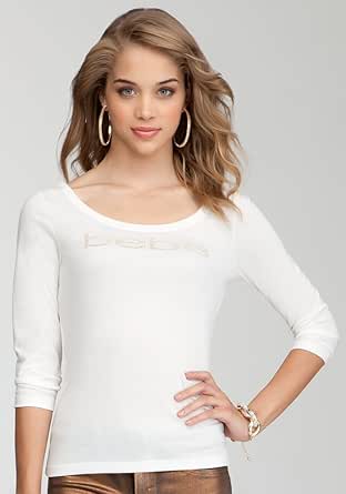 bebe Logo Basic 3/4 Sleeve T-shirt Logo Egret-s at Amazon Womenâs Clothing store: Fashion T Shirts