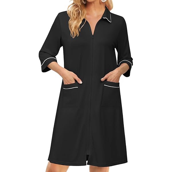 short zip up dressing gown Cxenplz Women's Zipper Up Robe Short Sleeves Nightgown Zip Front Cotton Housecoat Soft Short Bathrobe with Pockets, Size: Large, Black