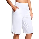SANTINY 12" Long Bermuda Shorts for Women Knee Length with Pockets High Waisted Stretch Shorts for Summer Walking