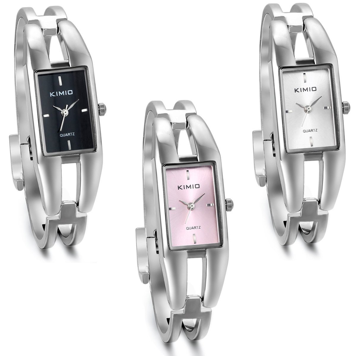 JewelryWe 3PCS Womens Ladies Alloy Bracelet Wrist Watch Quartz Wristwatch Modern Rectangle Dial Dress Watch