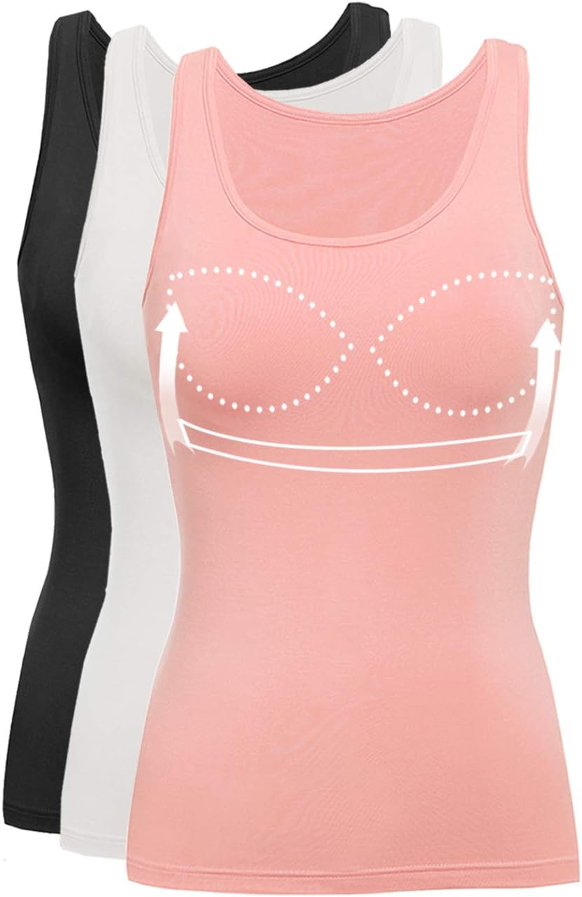 Tank Tops for Women Basic Camisole with Built in Bra Casual Wide Strap Sleeveless Layer Top for Summer