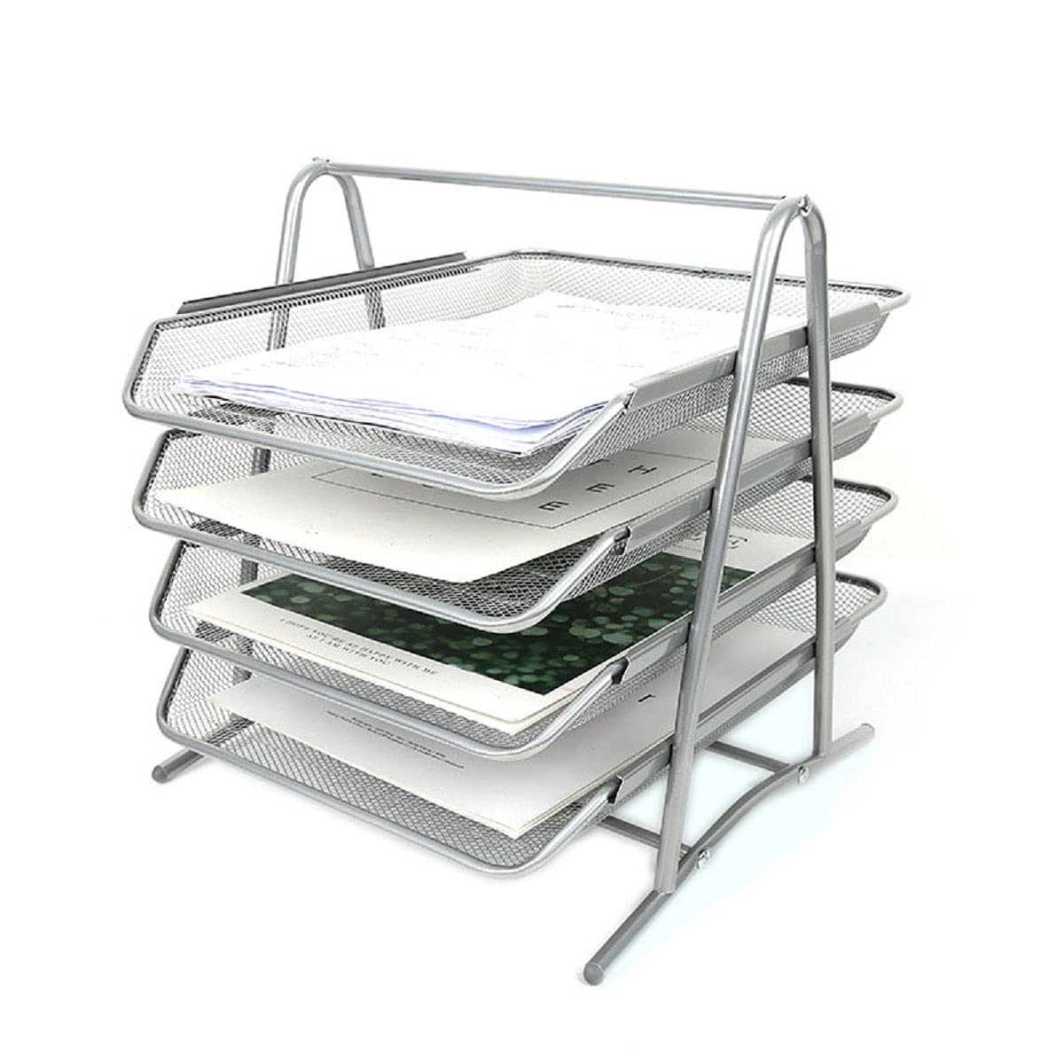 Wire Mesh Letter Tray 4 Tier Filing Trays Holder Office Desktop Document A4 Paper File Storage Desk Organiser Mesh Filling Home Office School Scratch-resistant Stacking Supports Silver