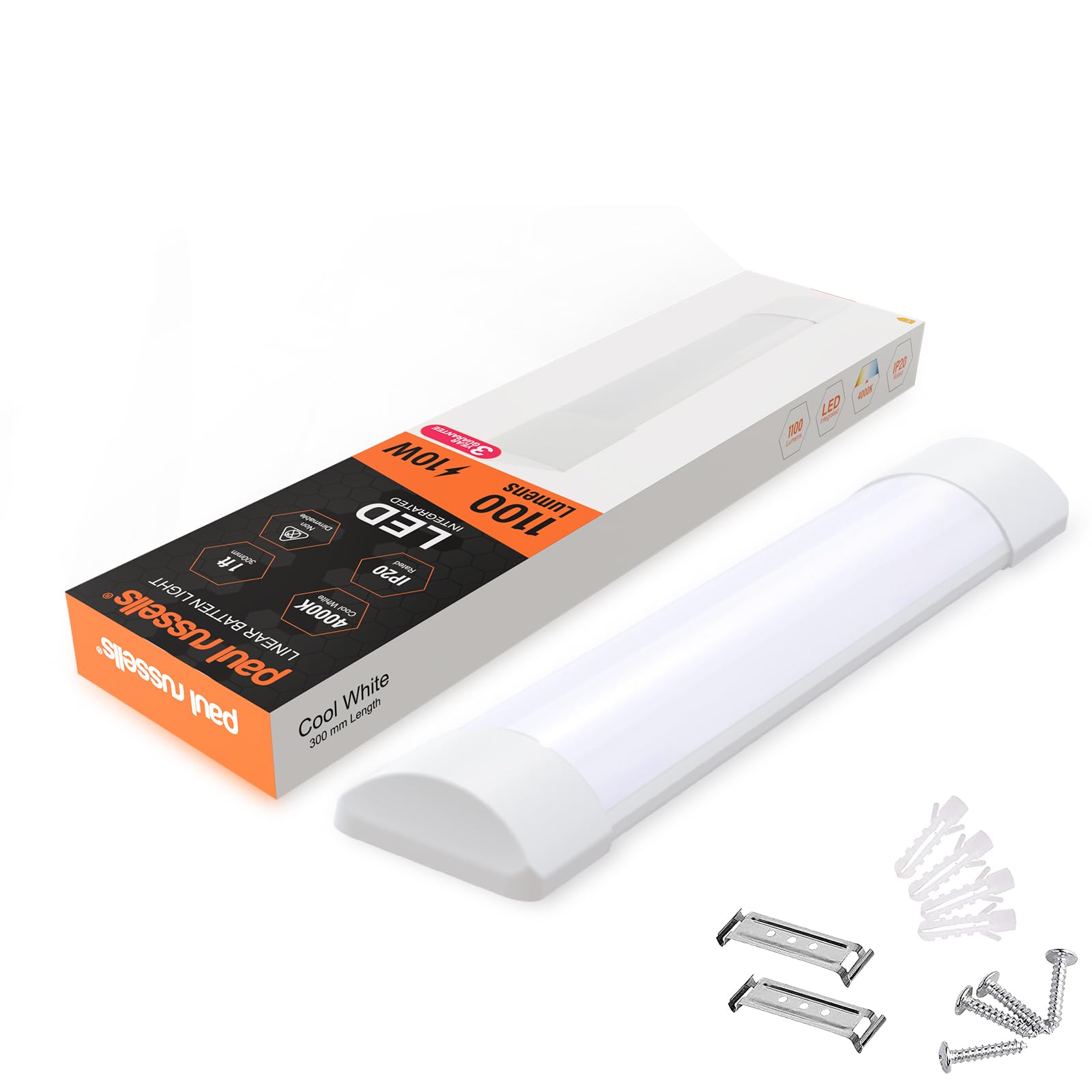 paul russells 1ft LED Batten, Ceiling Fitting Tube Light, 4000K Cool White,10W, 1100 Lumens, Light for Office, Bathroom, Kitchen, Garage, Warehouse Fluorescent Lighting Replacement, 1 Pack