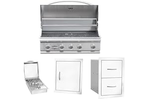 BULL OUTDOOR PRODUCTS Bullet by Bull Stainless Steel Outdoor Kitchen Grill Set - Built-In Natural Gas -BBQ Kitchen Island Bundle - Includes 5 Burner Grill, Single Access Door & Double Storage Drawer