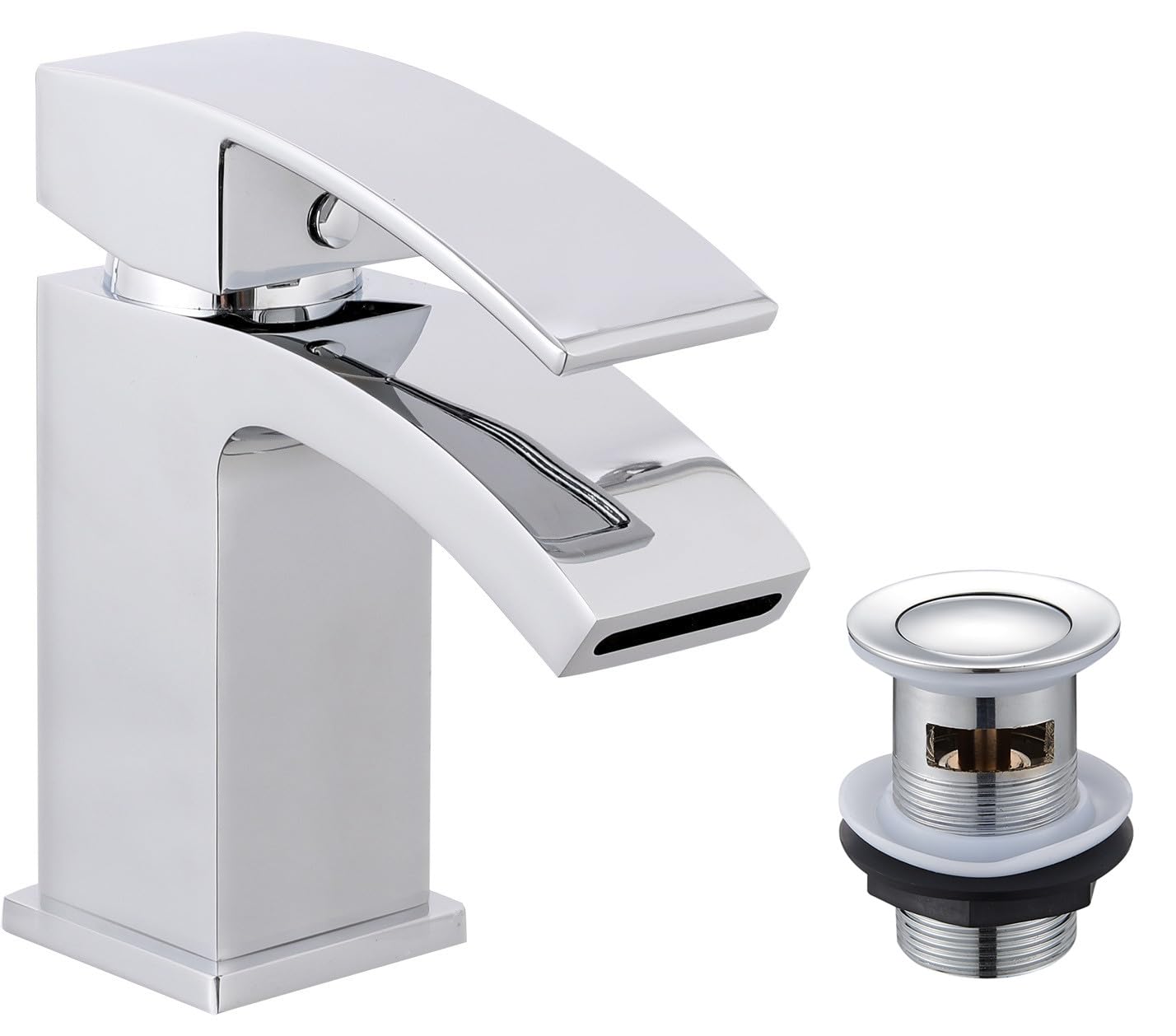 KINGBATH™ Single Lever Mini Mono Basin Mixer Tap with Click Clack Sprung Waste Bathroom Sink Hot and Cold Faucet Solid Brass Modern Chrome Easy to Fit/Install Chrome Plated