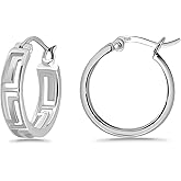 Hoops & Loops 925 Sterling Silver Greek Key Round Click-Top Hoop Earrings for Women, 15mm, 20mm | Silver, Yellow Gold, Rose Gold