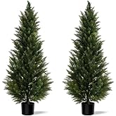 Artificial Topiary Cedar Trees 3ft, 2 pk - Outdoor Indoor Faux Pine Shrubs Plants, Realistic Fake Plants Front Porch Decor, Artificial Bushes Cypress for Home Front Door Offices