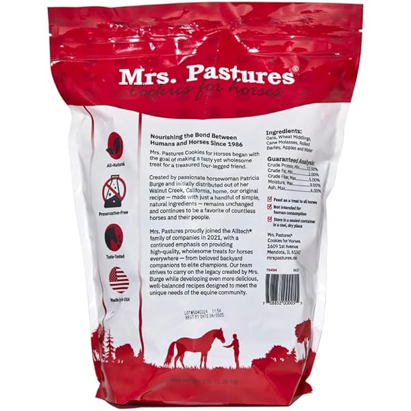 MRS PASTURES COOKIES AND TREATS FOR HORSES – PREMIUM HORSE TREATS – MADE WITH APPLES, OATS, AND ROLLED BARLEY – PRESERVATIVE FREE – ALL NATURAL INGREDIENTS – NO CORN OR SOY – MADE IN USA – (5LB BAG)