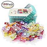 Homder 100 Pack Multicolor Wonder Clips Quilter Clamps with Tin Box for Sewing, Quilting, Crafters, Crochet, Knitting and Holding Paper
