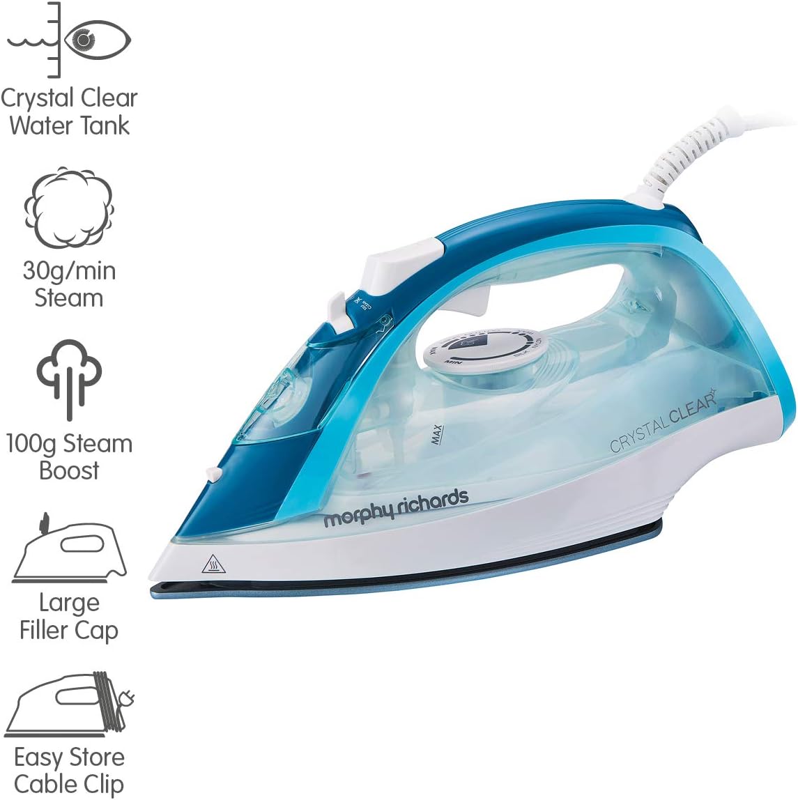 Morphy Richards Crystal Clear Steam Iron, Ceramic Non-stick Soleplate, 100g Steam Shot, 30g Steam Output, Anti-scale - Image 3