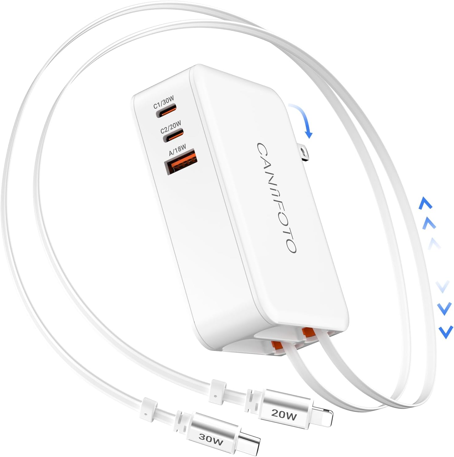 5-in-1 Retractable Wall Charger with Dual Cables, 50W Retractable Phone Charger with 3.3FT USB C & Lightening Cables,30W Fast Charging Block Wall Plug for iPhone 17 16 15 14 13,G-alaxy S26 S25,i Pad