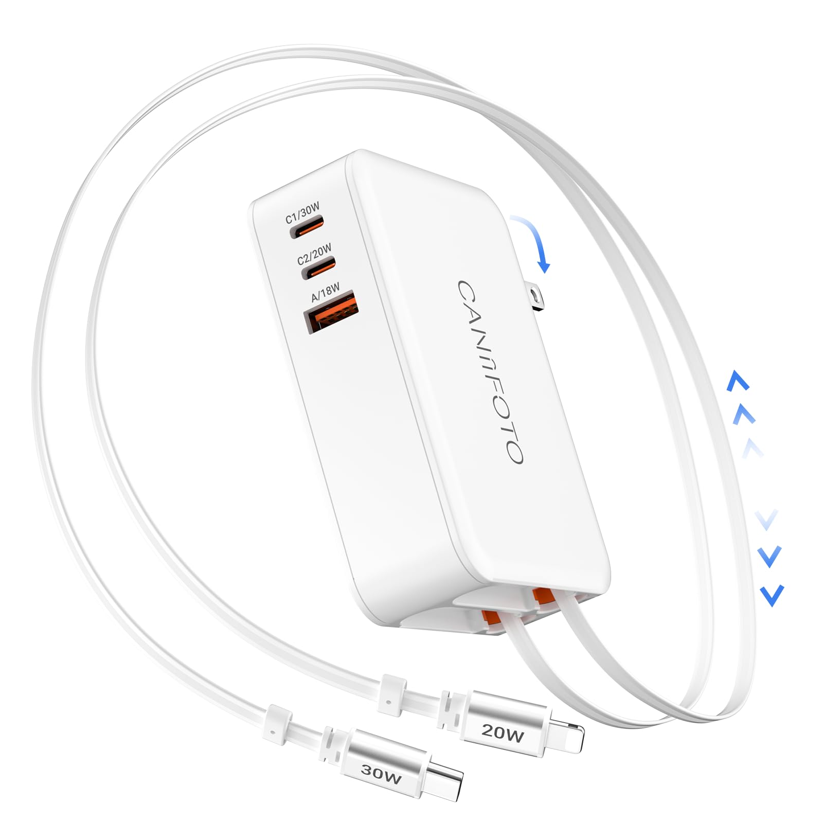 5-in-1 Retractable Wall Charger with Dual Cables, 50W Retractable Phone Charger with 3.3FT USB C & Lightening Cables,30W Fast Charging Block Wall Plug for iPhone 17 16 15 14 13,G-alaxy S26 S25,i Pad
