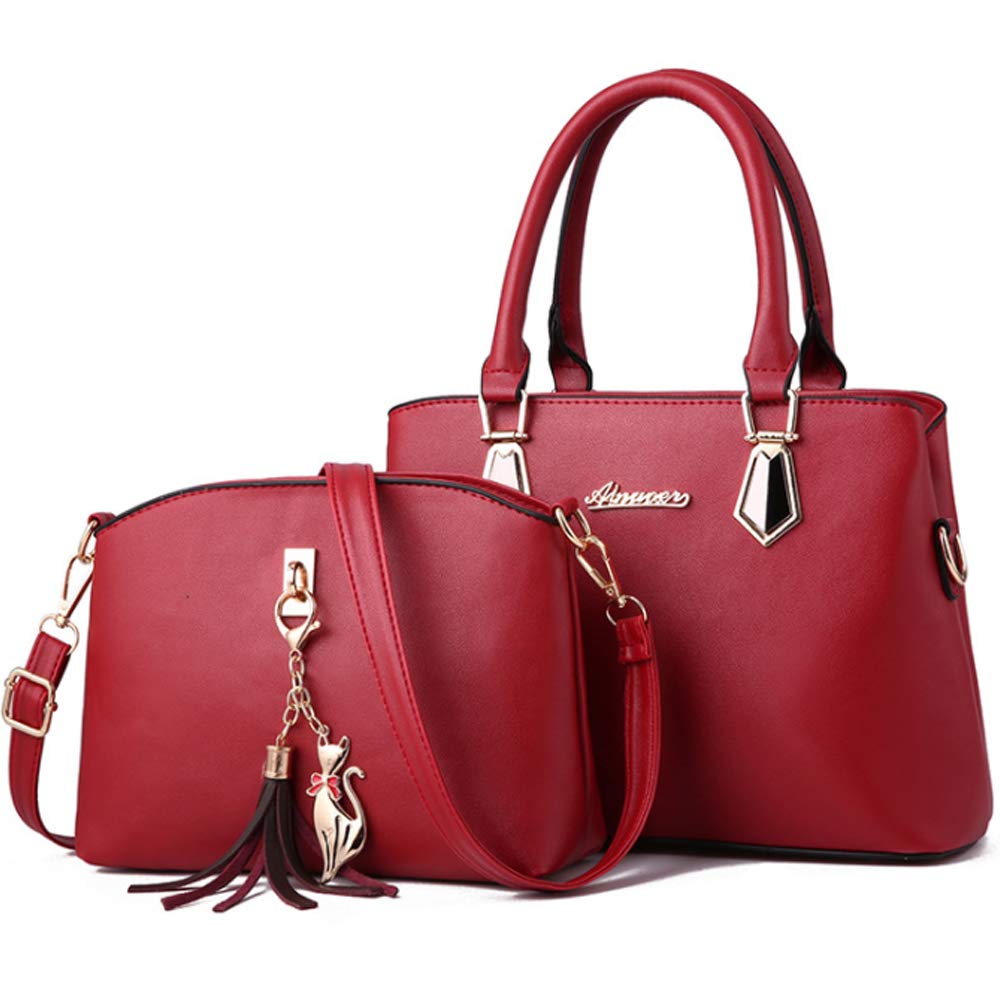 Rullar 2Pcs Women Top-Handle Bag Set PU Leather Tassel Ornaments Satchels Tote Shoulder Crossbody Bag Handbag Purse Burgundy