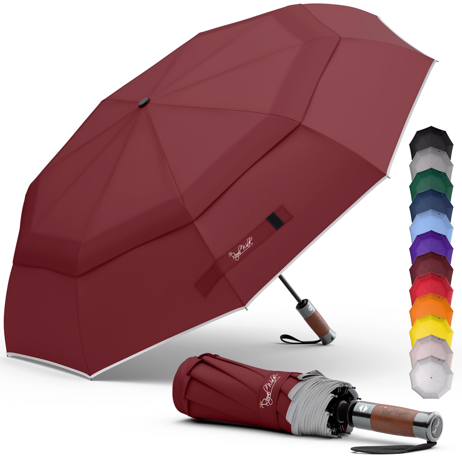 Royal Walk Windproof Folding Travel Umbrella Compact and Strong Luxurious Real Wood Handle Automatic Open Close Vented Double Canopy for Men and Women (Dark Red) — image 1