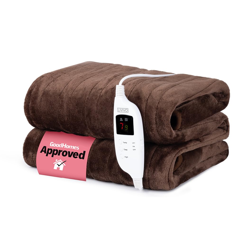 LIVIVO Electric Heated Blanket, 160x130cm – Ultra Soft Fleece Electric Over Blanket Throw with 9 Heat Settings, Timer, Auto Shut-Off – Energy Efficient & Machine Washable - Chocolate Brown