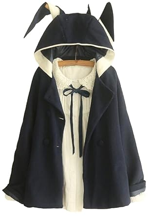 hqclothingbox Women's Cute Button Down Tweed Cat Ears Hooded Cape