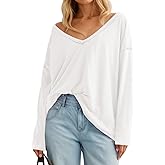 Tankaneo Womens Oversized Long Sleeve Shirts Deep V Neck Fall Tops Casual Loose Fit Tunic Basic Tees