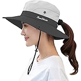 Sun Hat for Women Men with Ponytail Hole, UPF 50+ Wide Brim Bucket Hat for Fishing Hiking Gardening