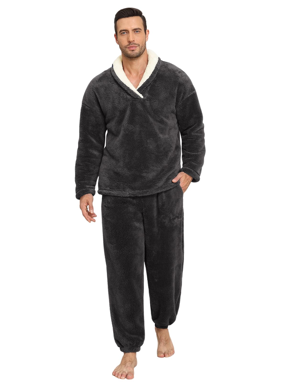 Photo 1 of Uikue Mens Pajamas Set Long Sleeve Soft Fleece Fluffy Sleepwear Winter Warm Pjs Lounge Sets Flannel Sleepwear with Pockets(Dark Grey,XL)
